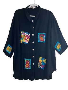 ❤️ BOP Women’s Black Button Up Blouse Colorful Beaded Patch Art Boho Shirt | 4X